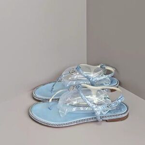 🚩steal authentic CHANEL Light Blue Sandals with Silver Accents